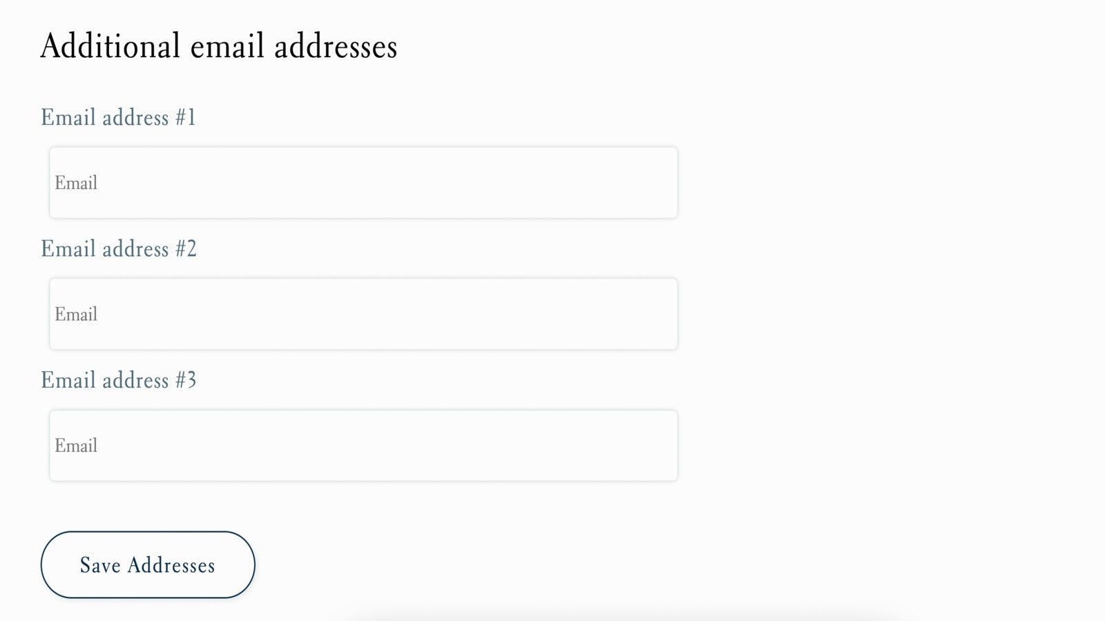 Email addresses form in the storefront's customer account page 