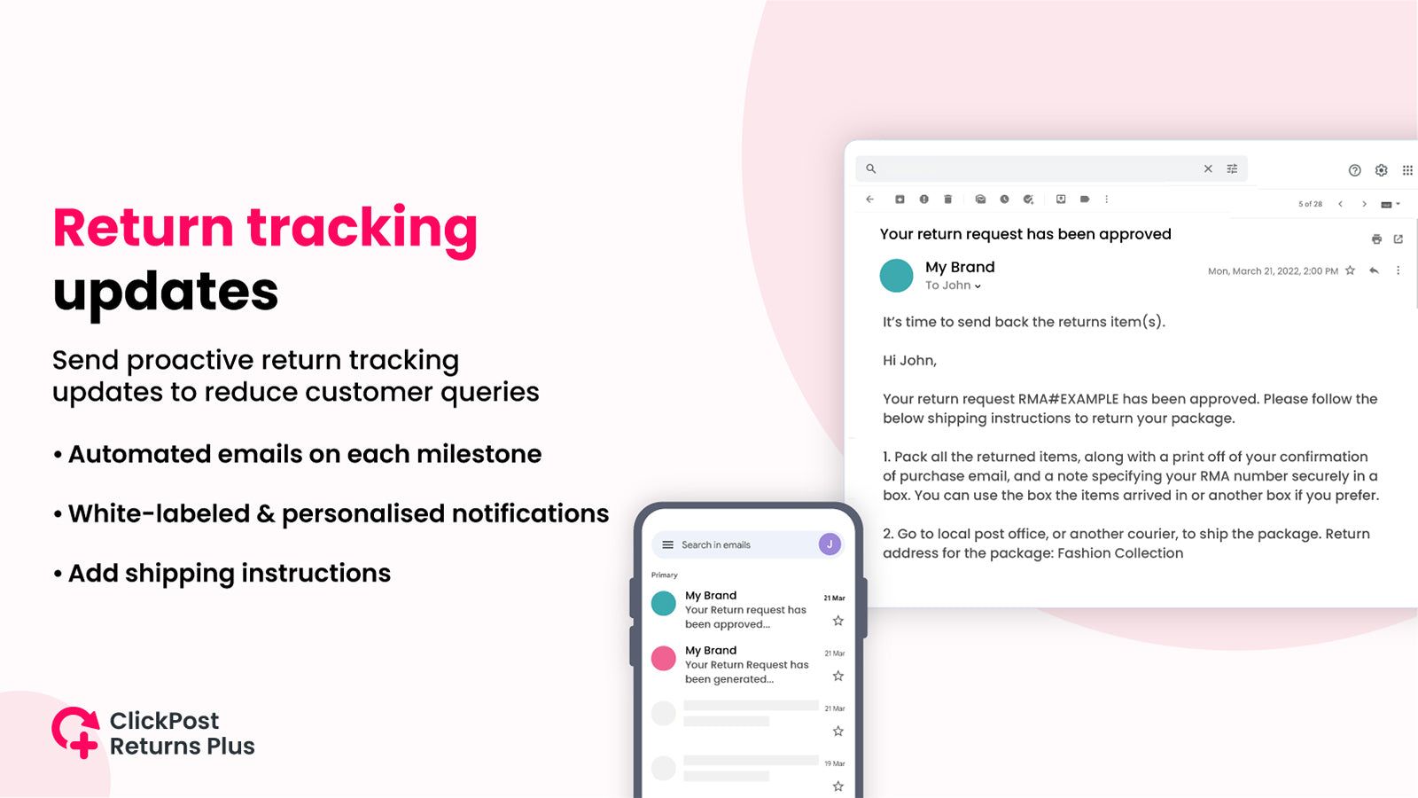 Email notifications to customers for tracking of return requests