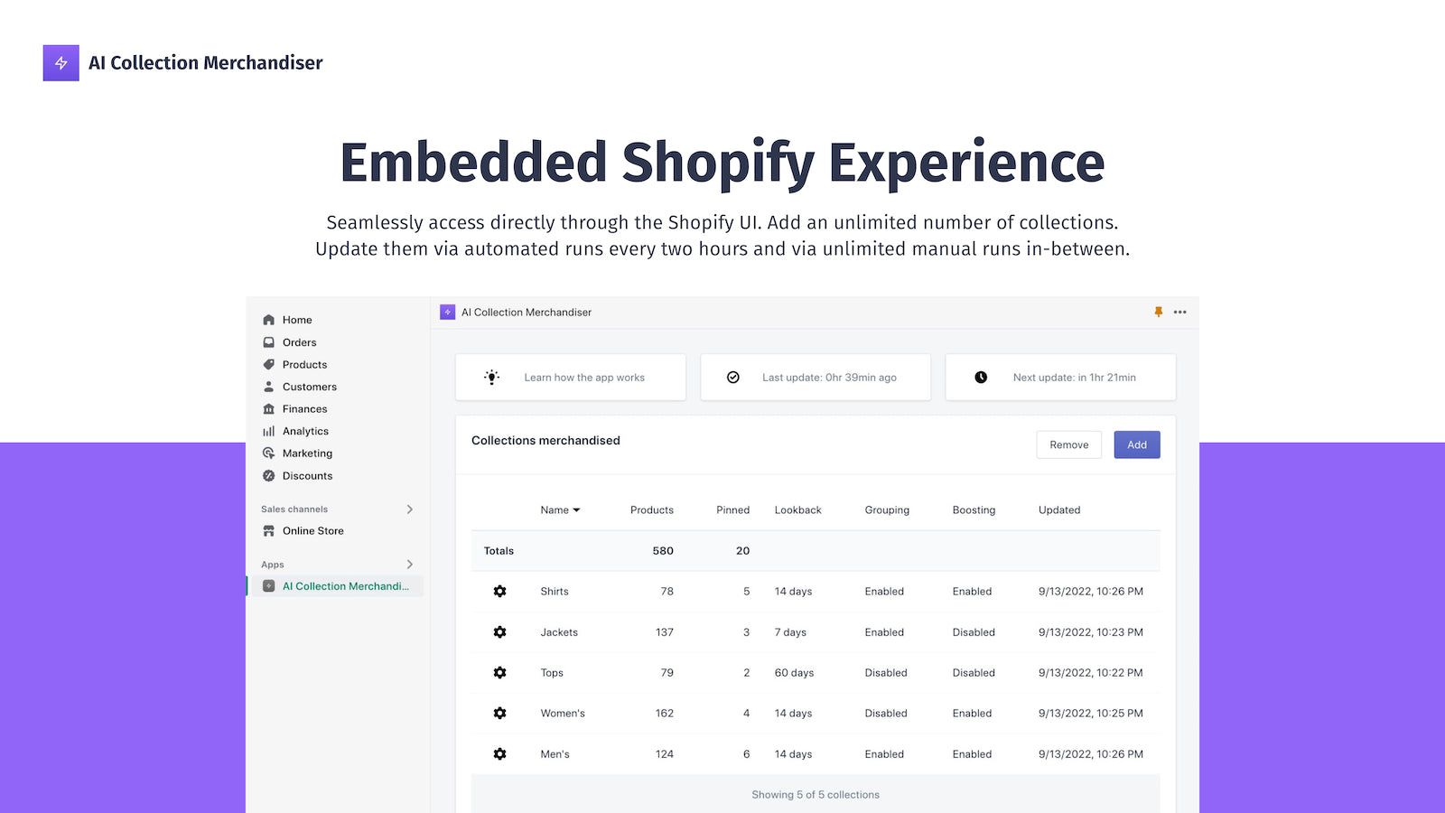 Embedded Shopify experience. Unlimited updates of product ranks