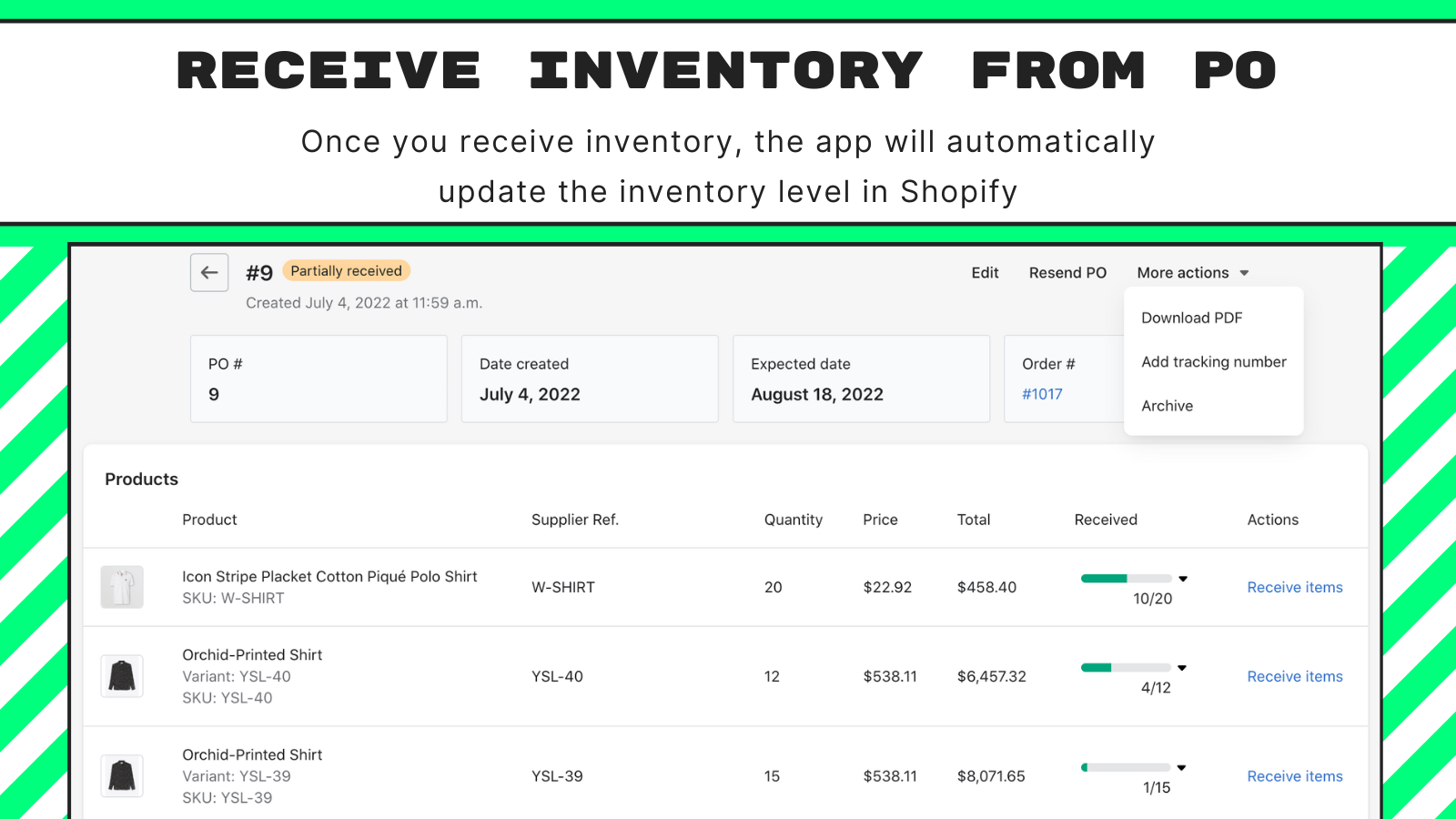 Enable auto sending purchase orders from shopify orders
