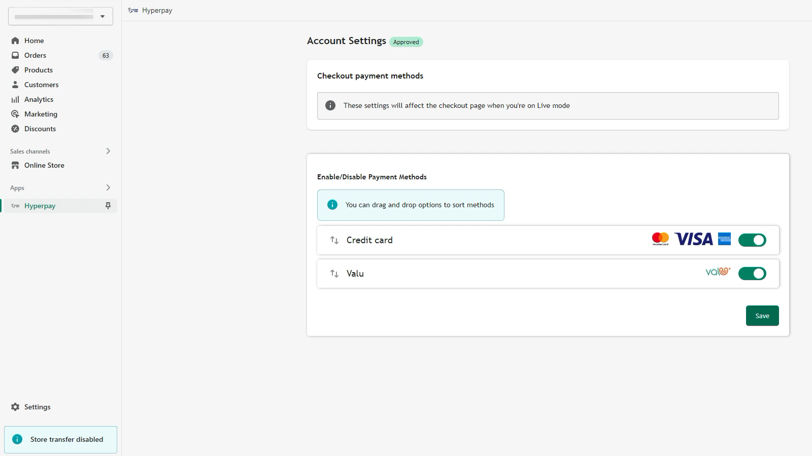 enable \disable payment methods and sorting