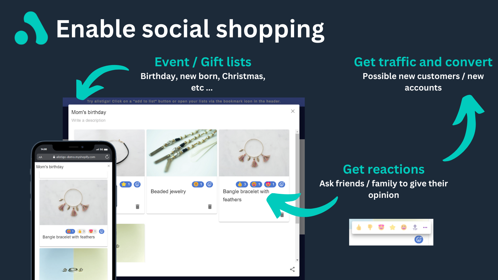 enable social shopping: event and gift lists. Get reactions.