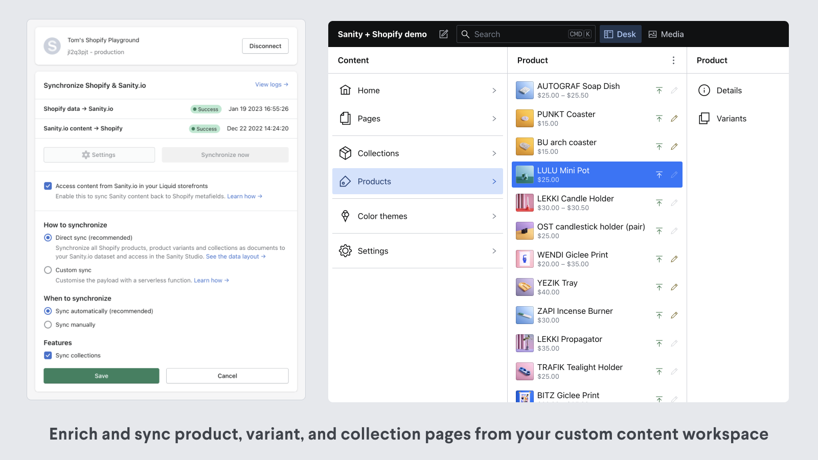 Enrich and sync product, variant, and collection pages