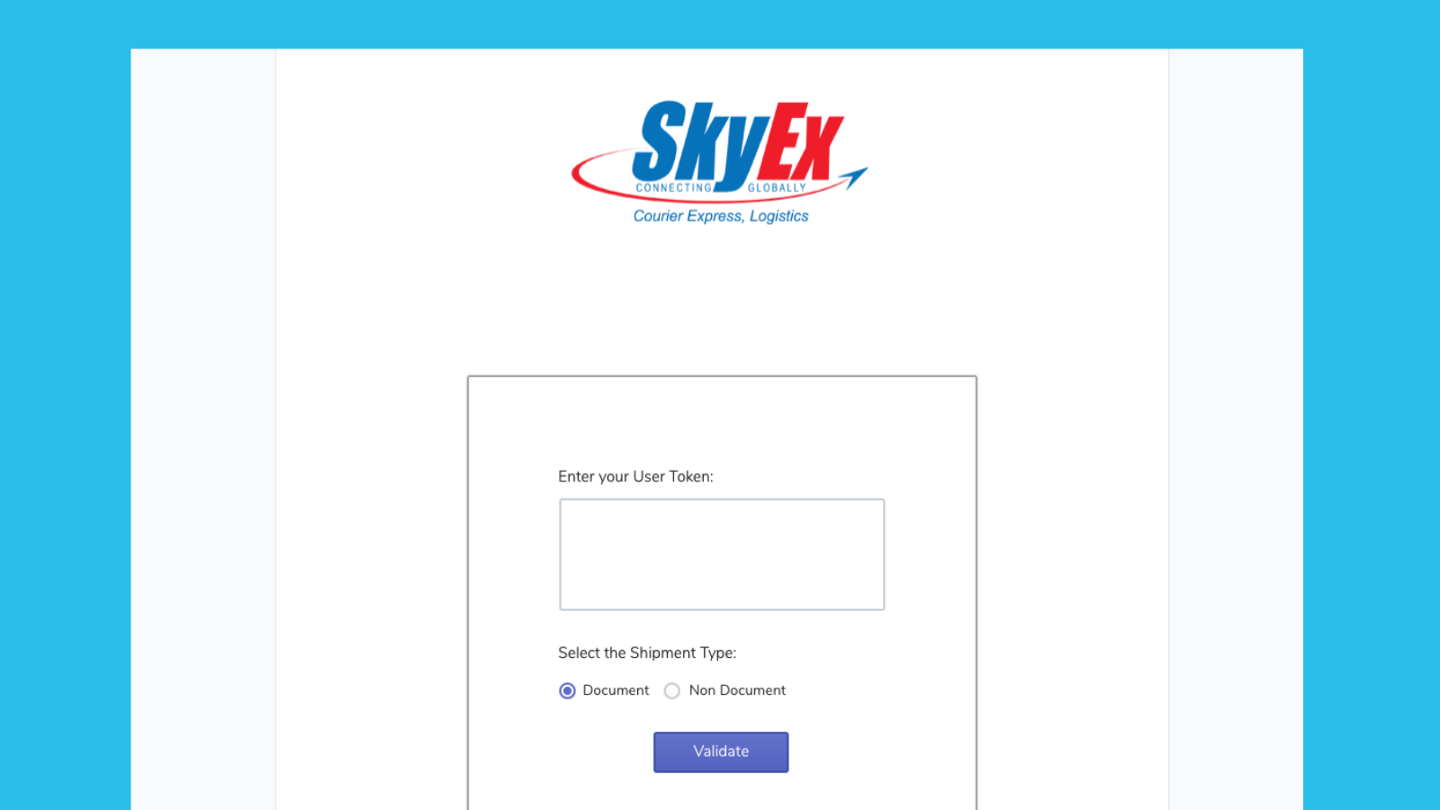 Enter your unique User Token received from SkyEx Courier.