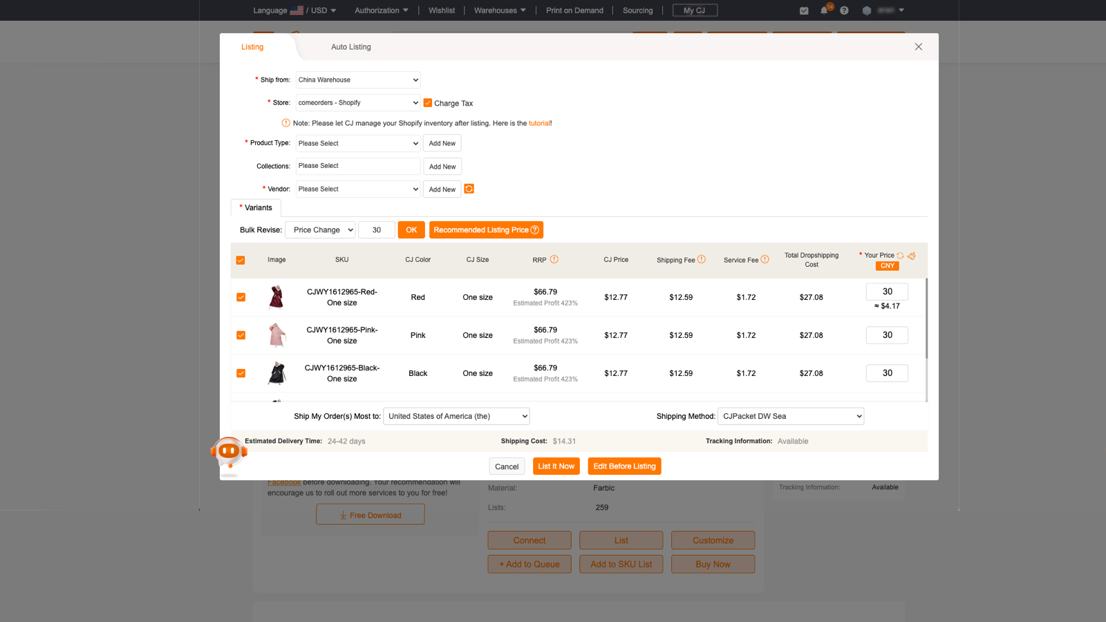 Estimate costs and list products to your stores.