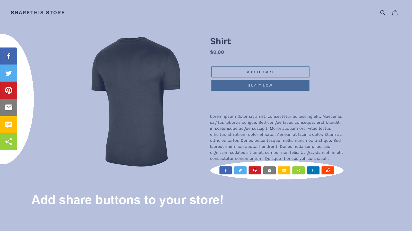 Example of inline and sticky share buttons on a store.