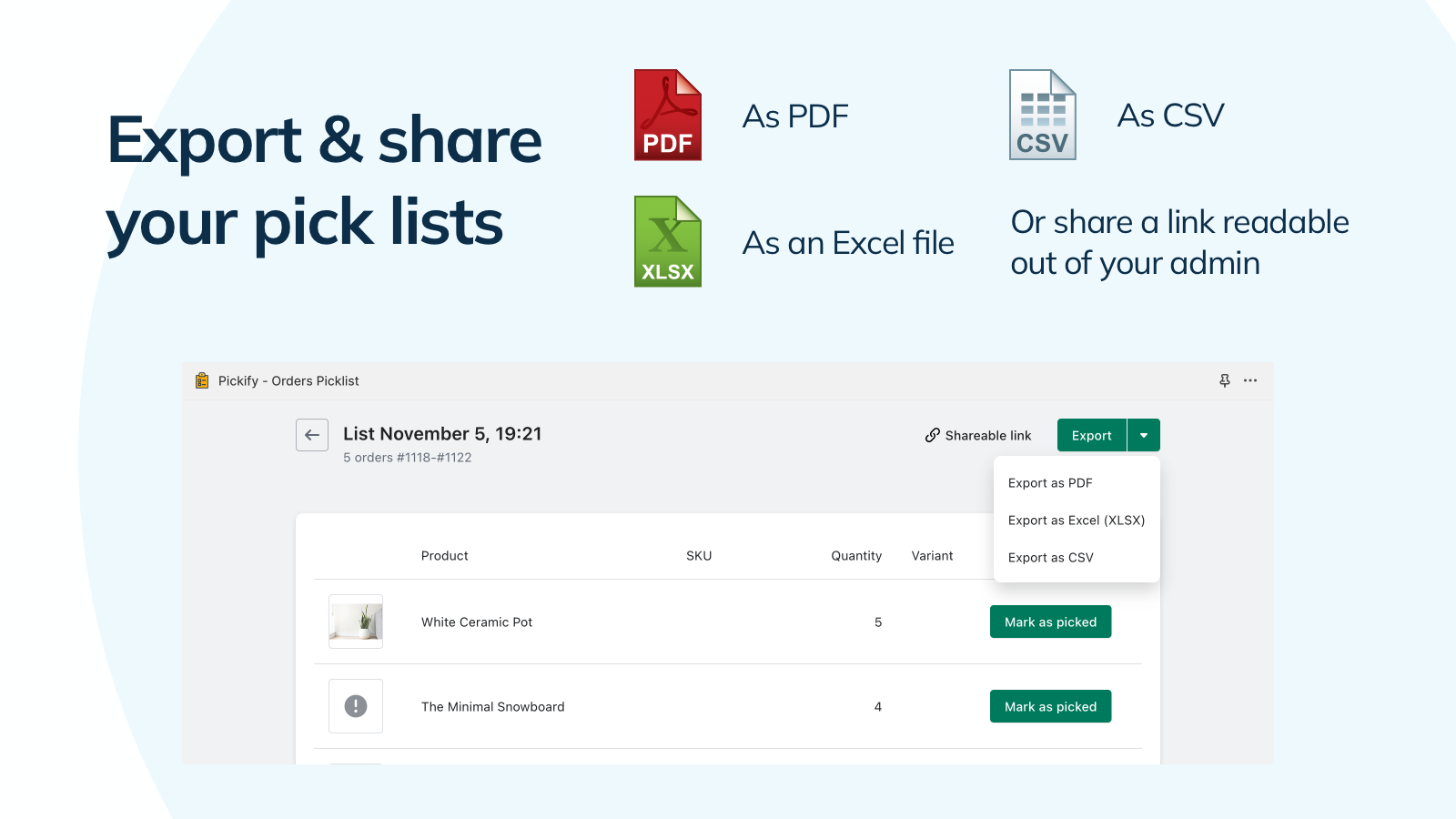 Export and share a pick list to fulfil orders 