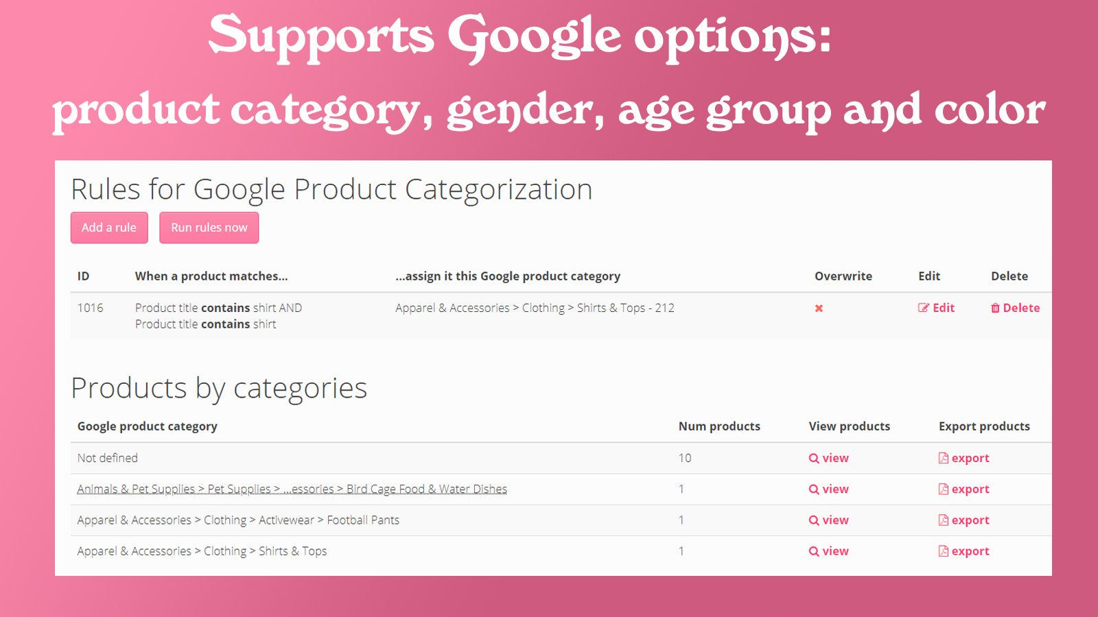 Export Google Product Categories, Age Groups, Genders and Colors