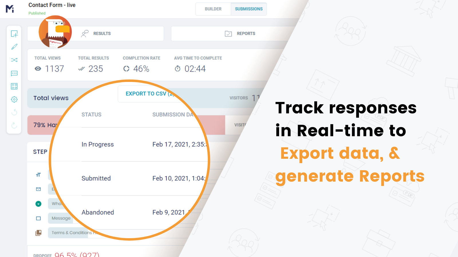 Export submissions, track drop-offs, and generate Form Analytics