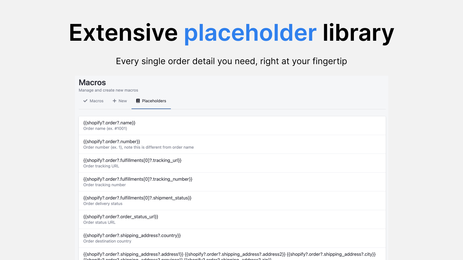 Extensive placeholder library