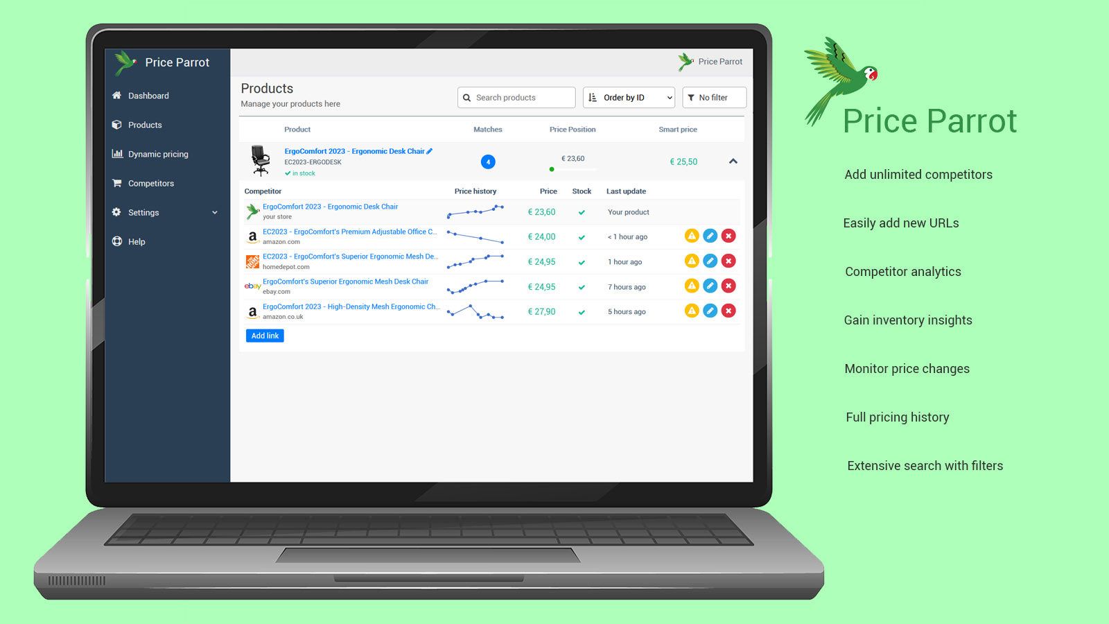 Extensive product management with Price Parrot