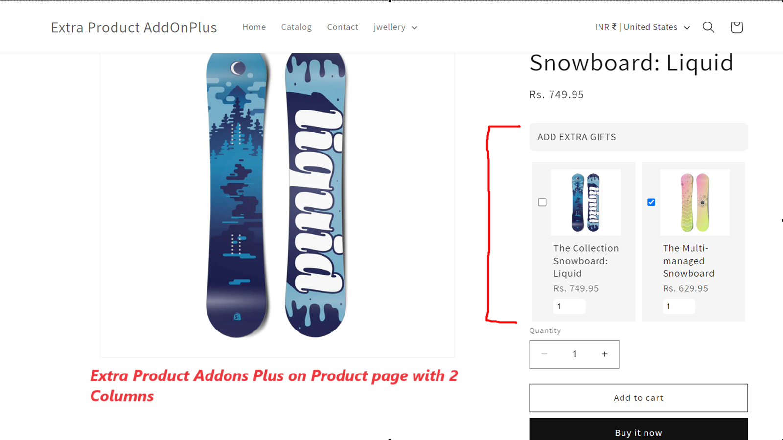 Extra Product Addons Plus product page with 2 column
