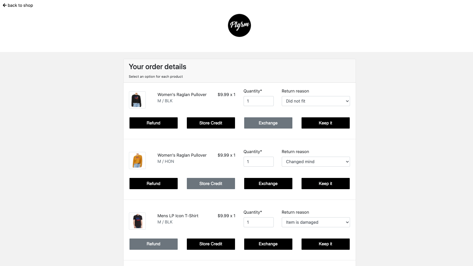 fabreturns branded product selector page
