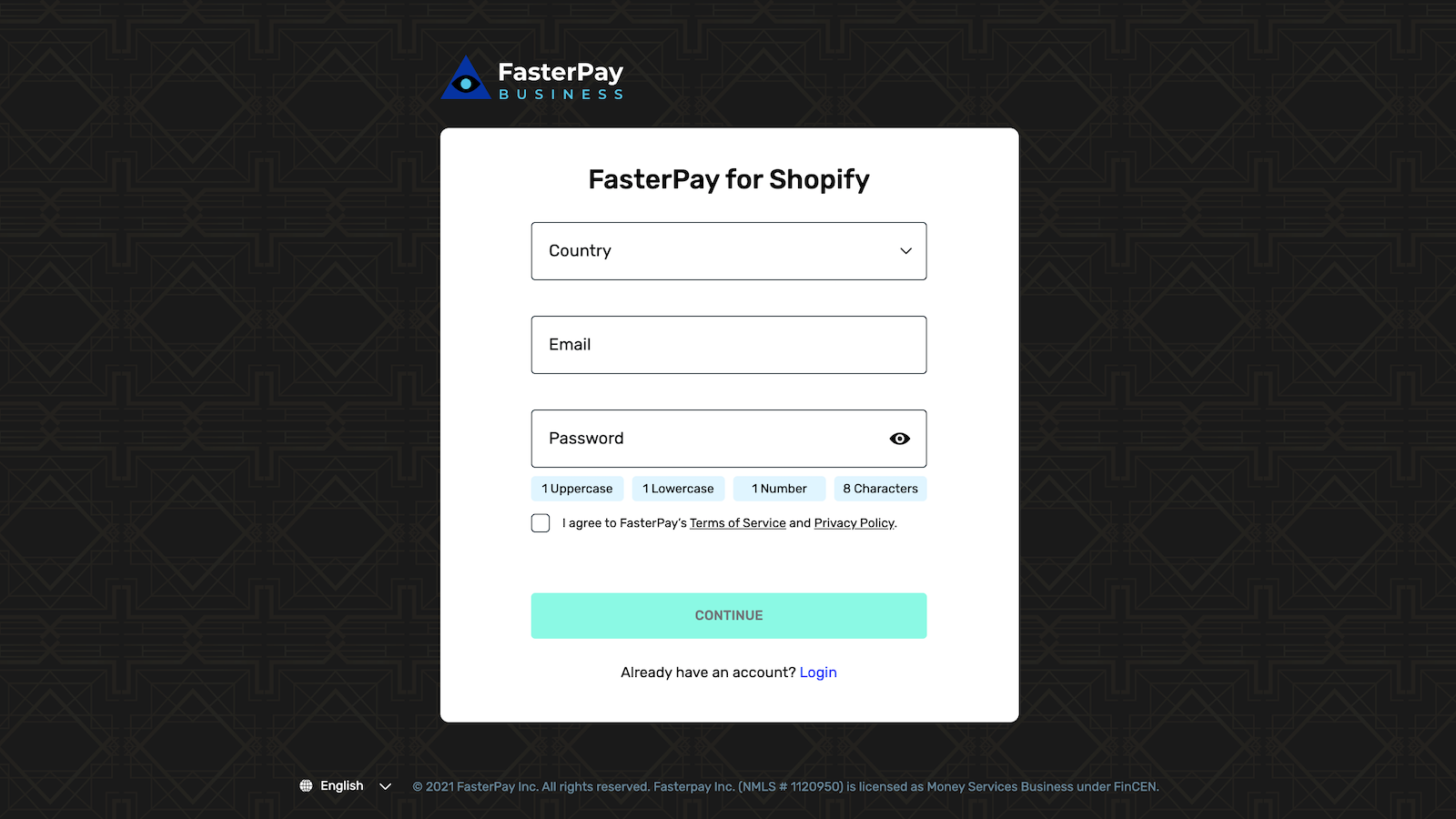 FasterPay login Page
