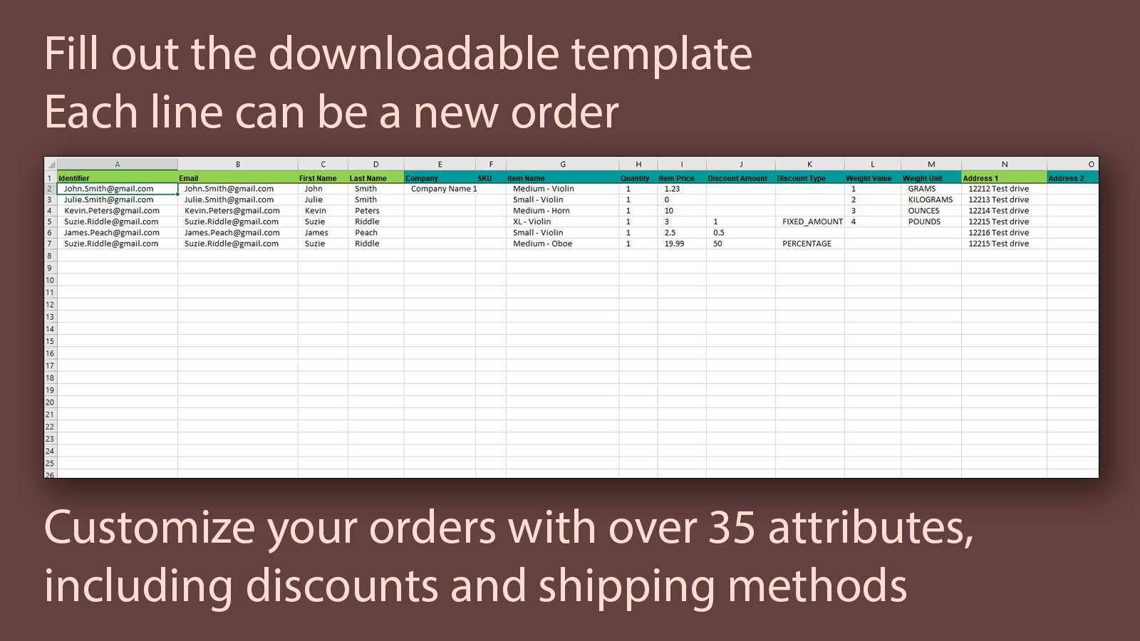 Fill out bulk order template. Customize order fields