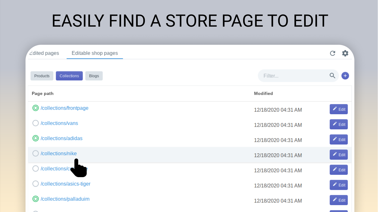 Find a page to edit from your store public pages