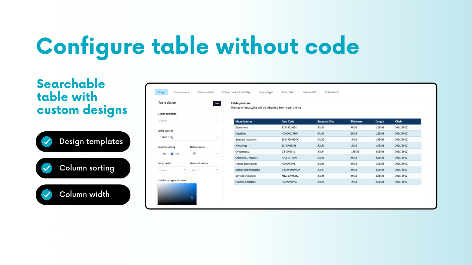 Flexible options to customise the data table