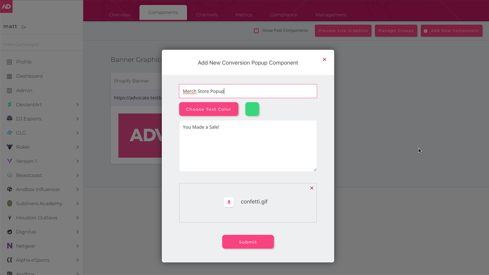 Form for creating in-stream conversion popup component