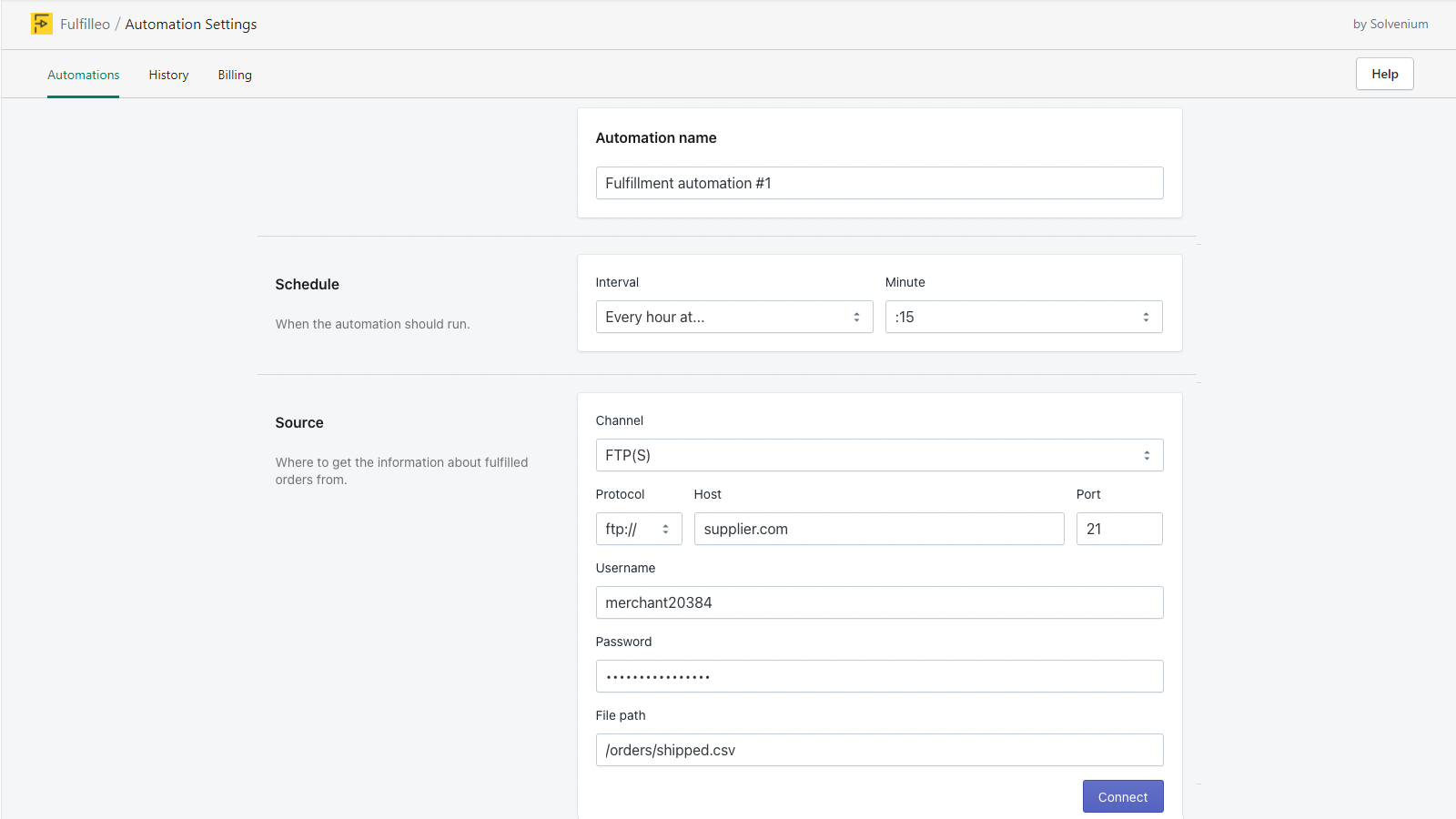 Fulfillment Automation Settings - FTP Connection
