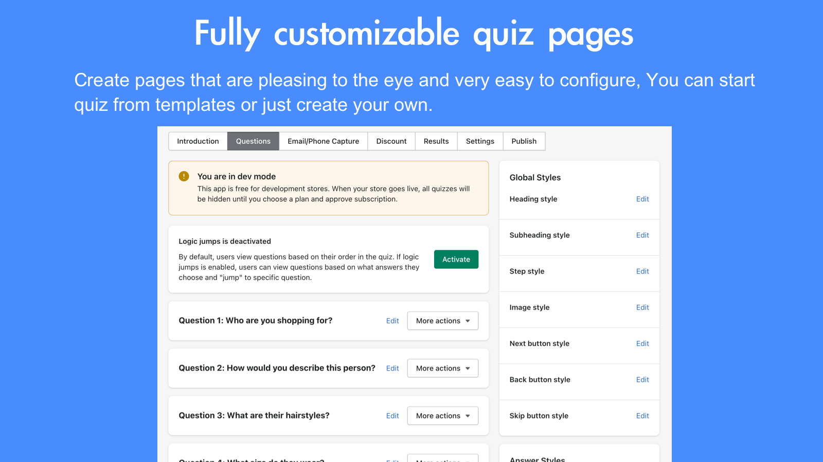 Fully customizable quiz page