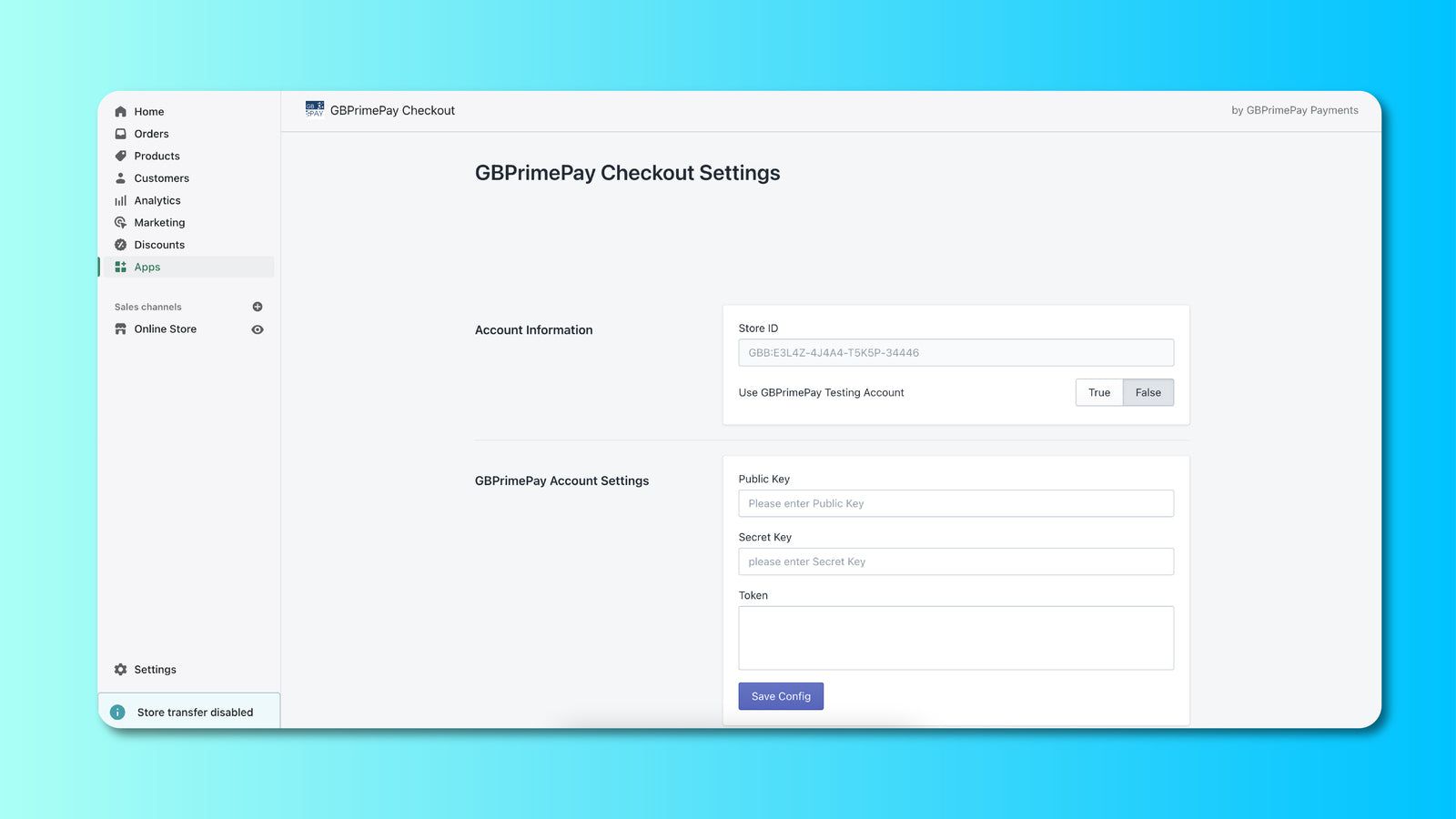 GBPrimePay Checkout Setting from Shopify Admin page