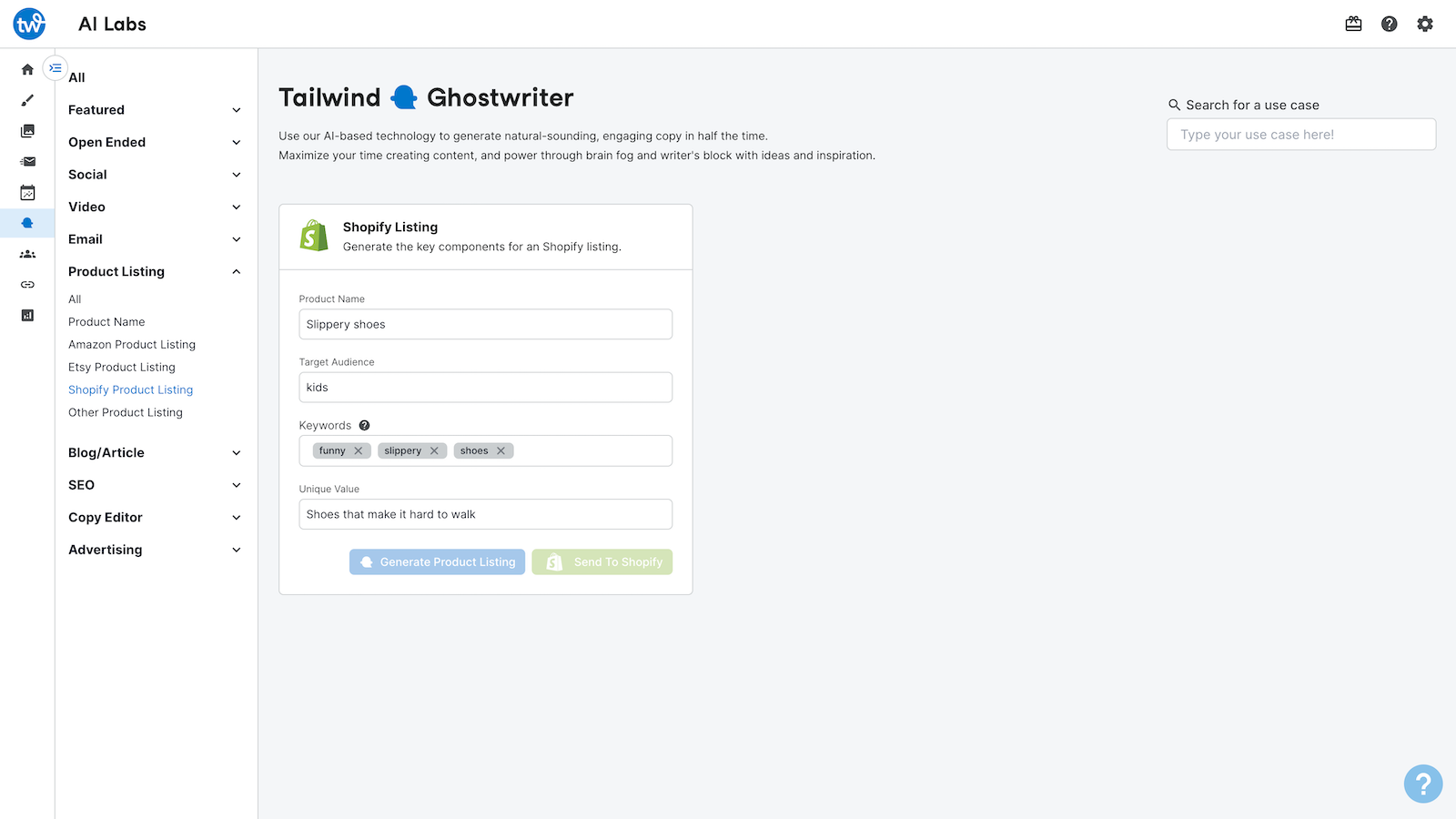 Generate a Shopify product listing using Ghostwriter A.I.