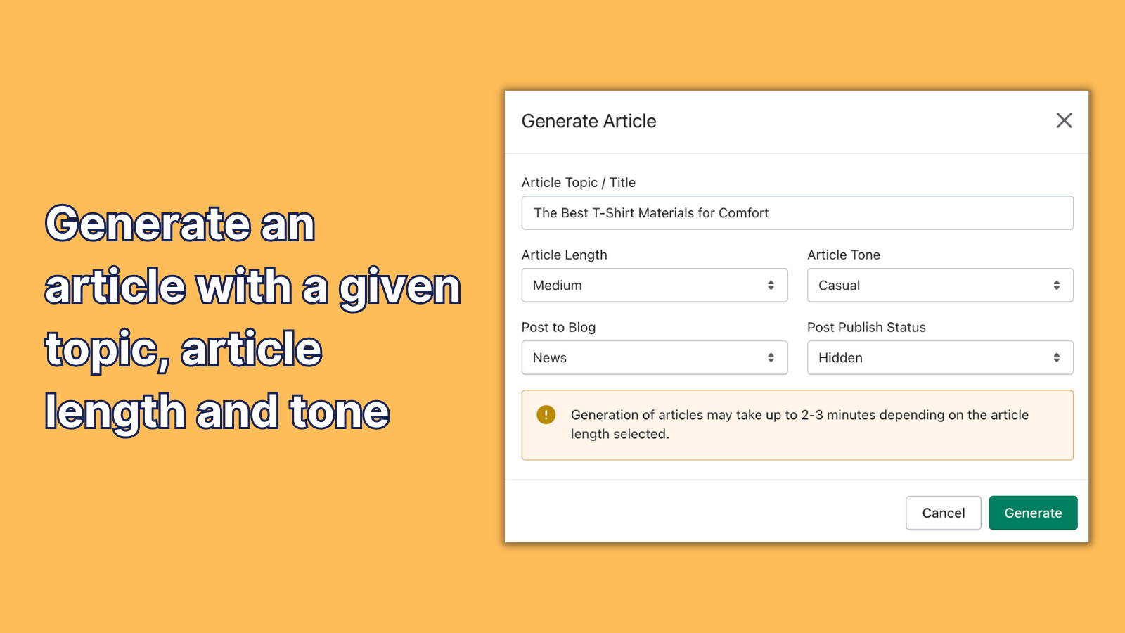 Generate an article with a given topic, length and tone