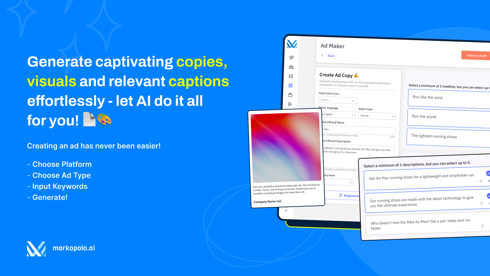Generate captivating copies and visuals with Markopolo.ai