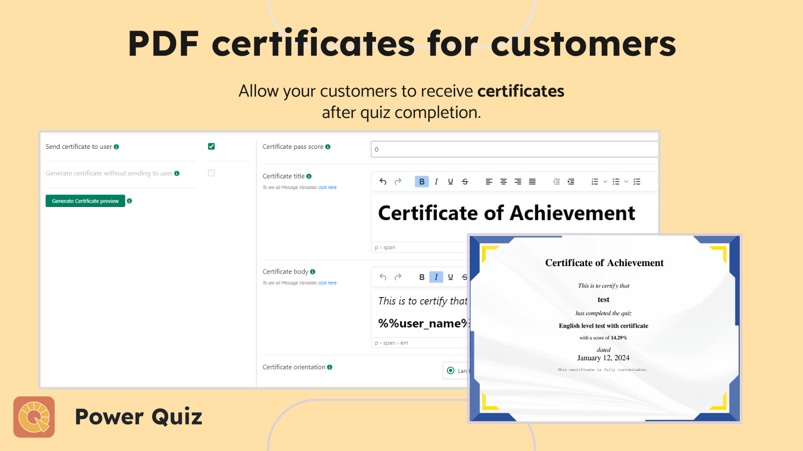 Generate certificates for customers with Power Quiz Shopify app