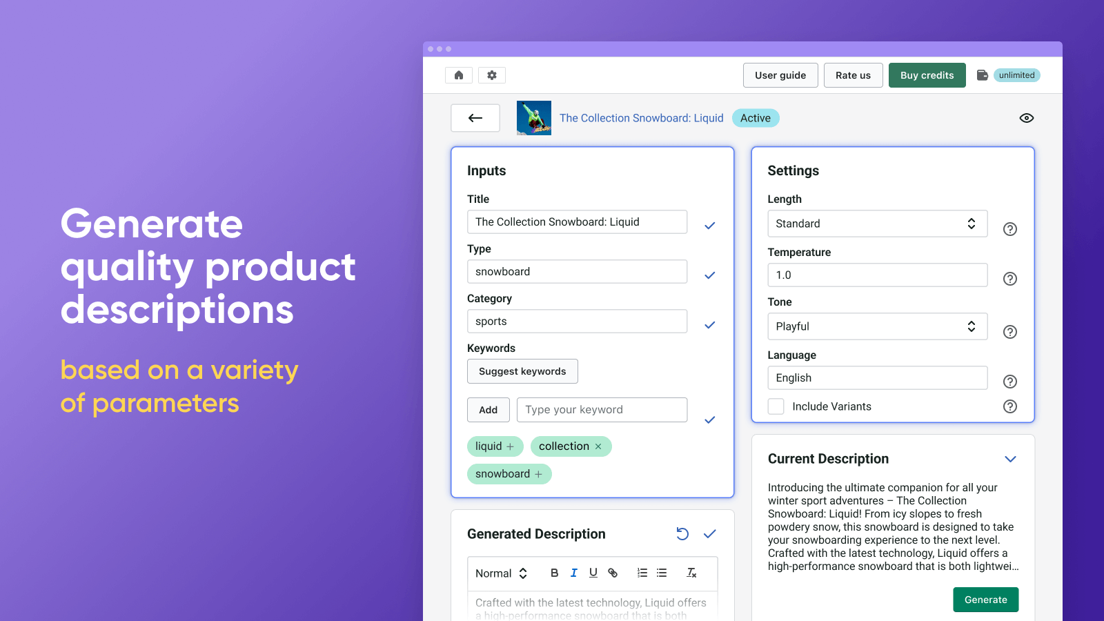 Generate product descriptions based on a variety of parameters