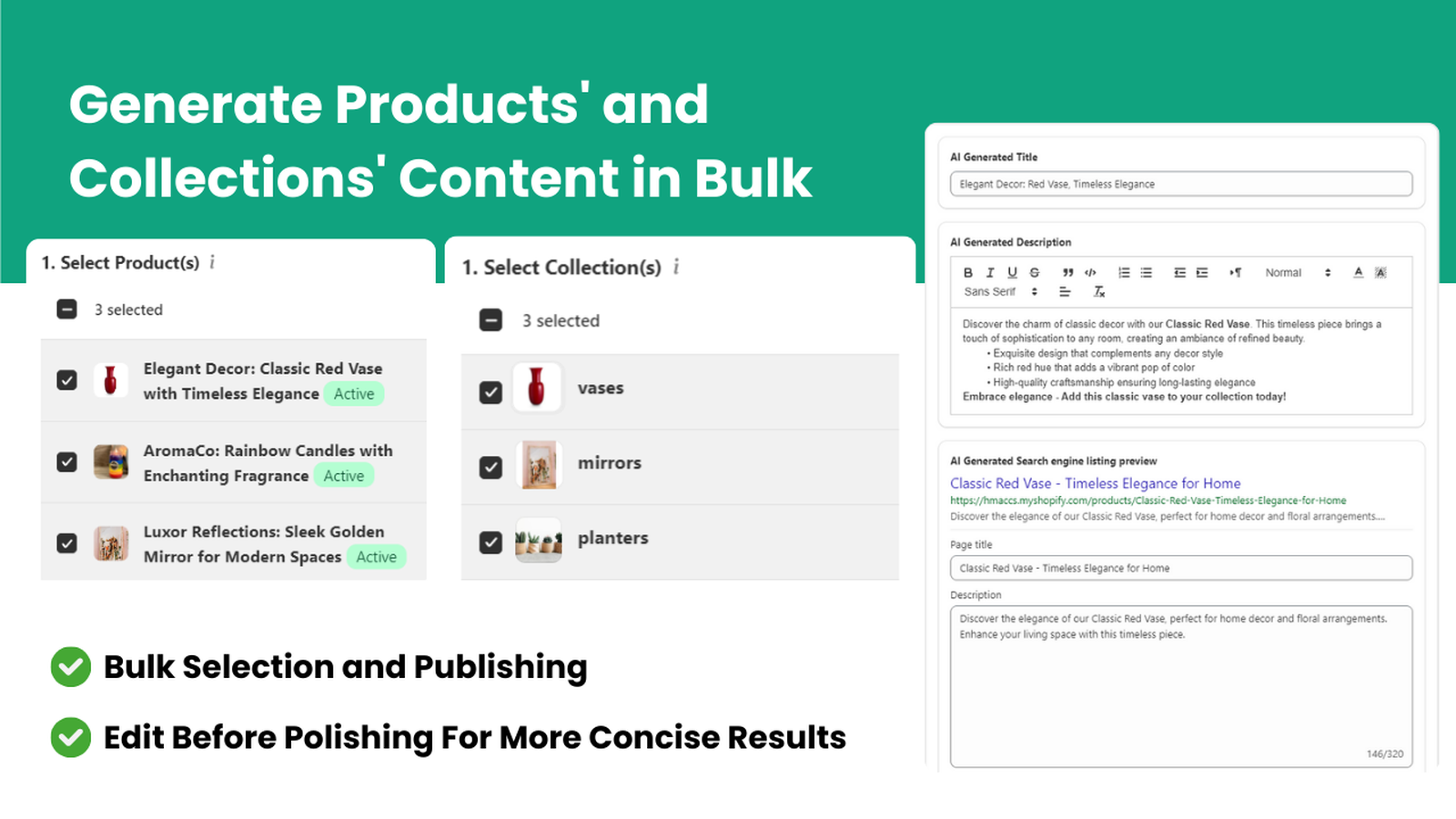 Generate products and collections content in bulk