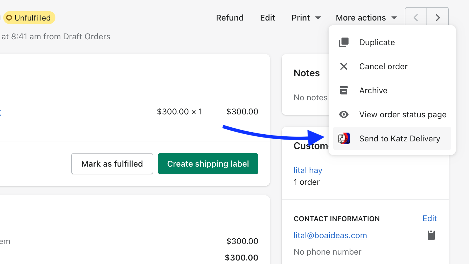 Generate your Katz shipments directly from the order view