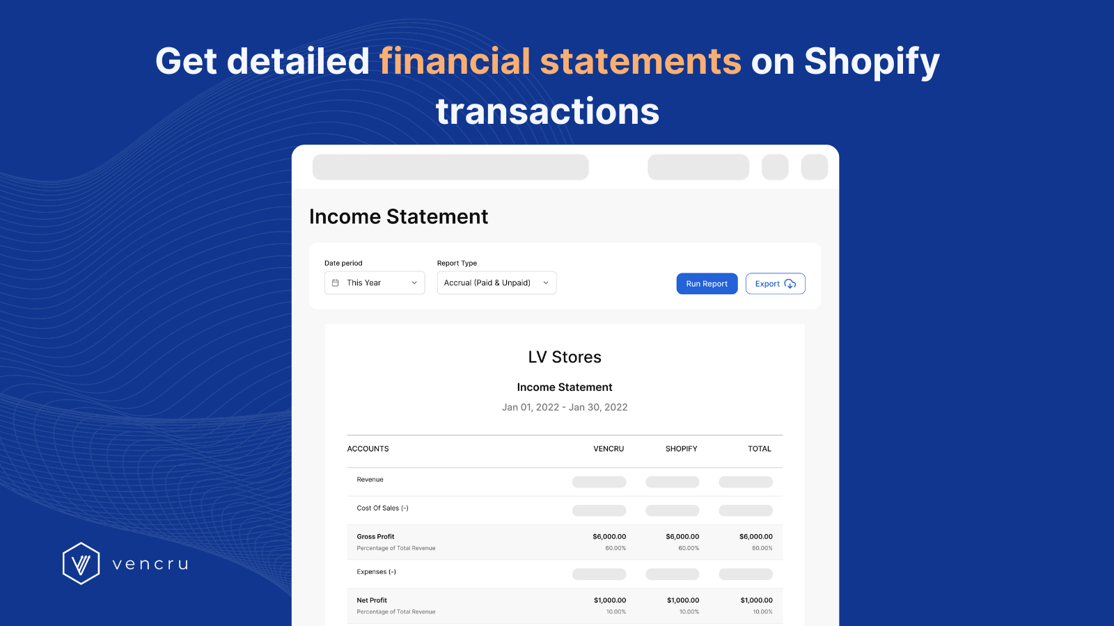 Get detailed financial statements on Shopify transactions