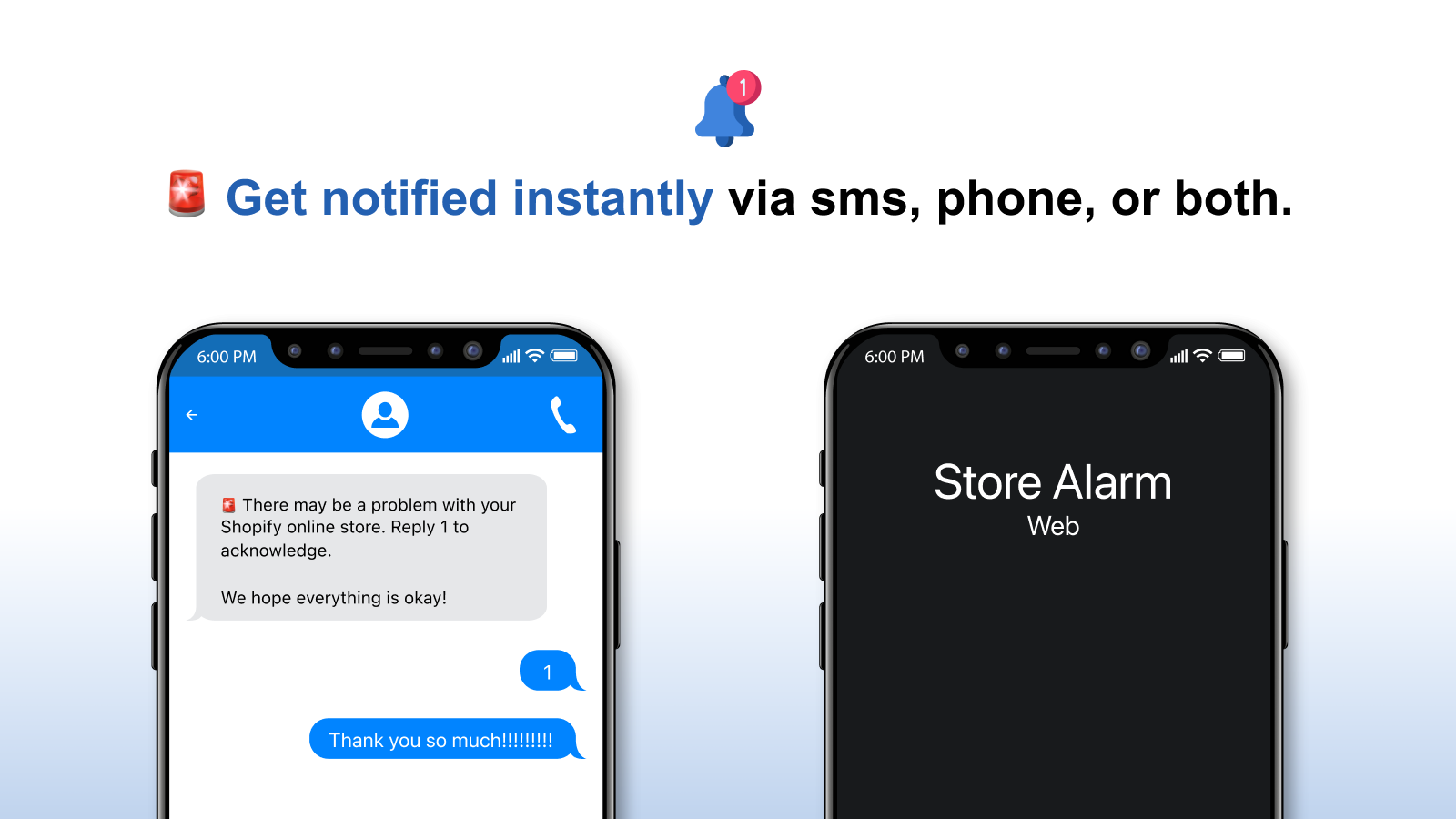Get notified instantly via sms, phone, or both.