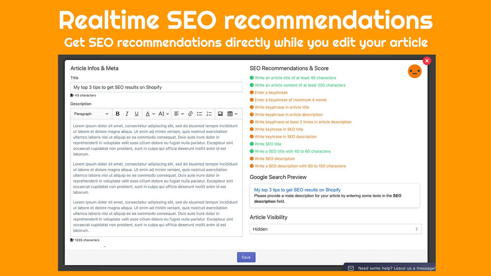 Get realtime SEO recommendations while you edit your article