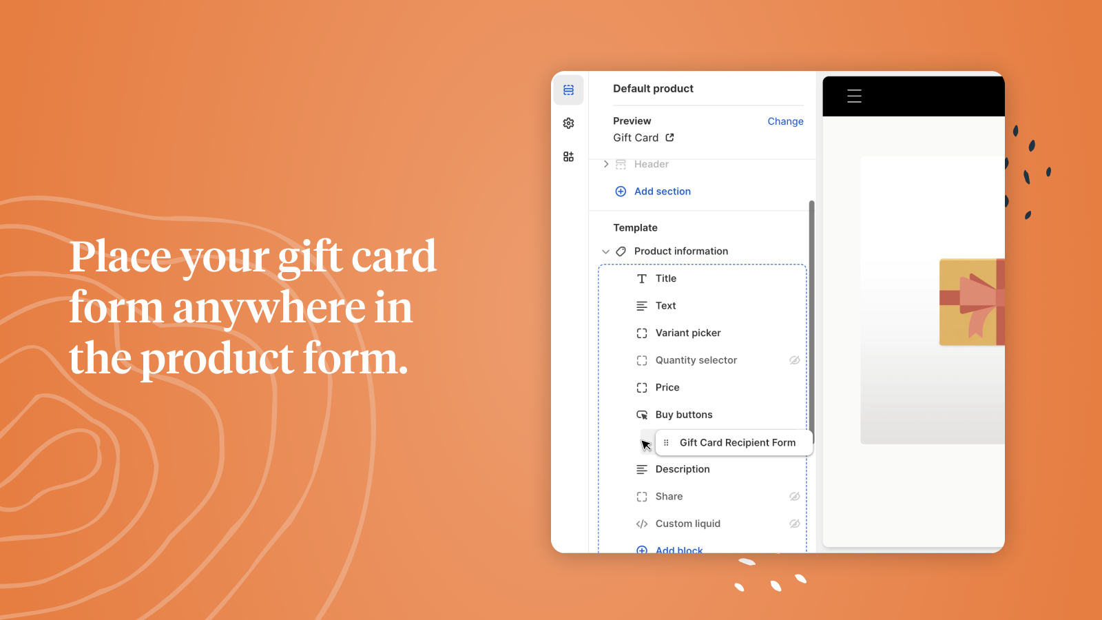 gift card recipient form app block in the theme customizer