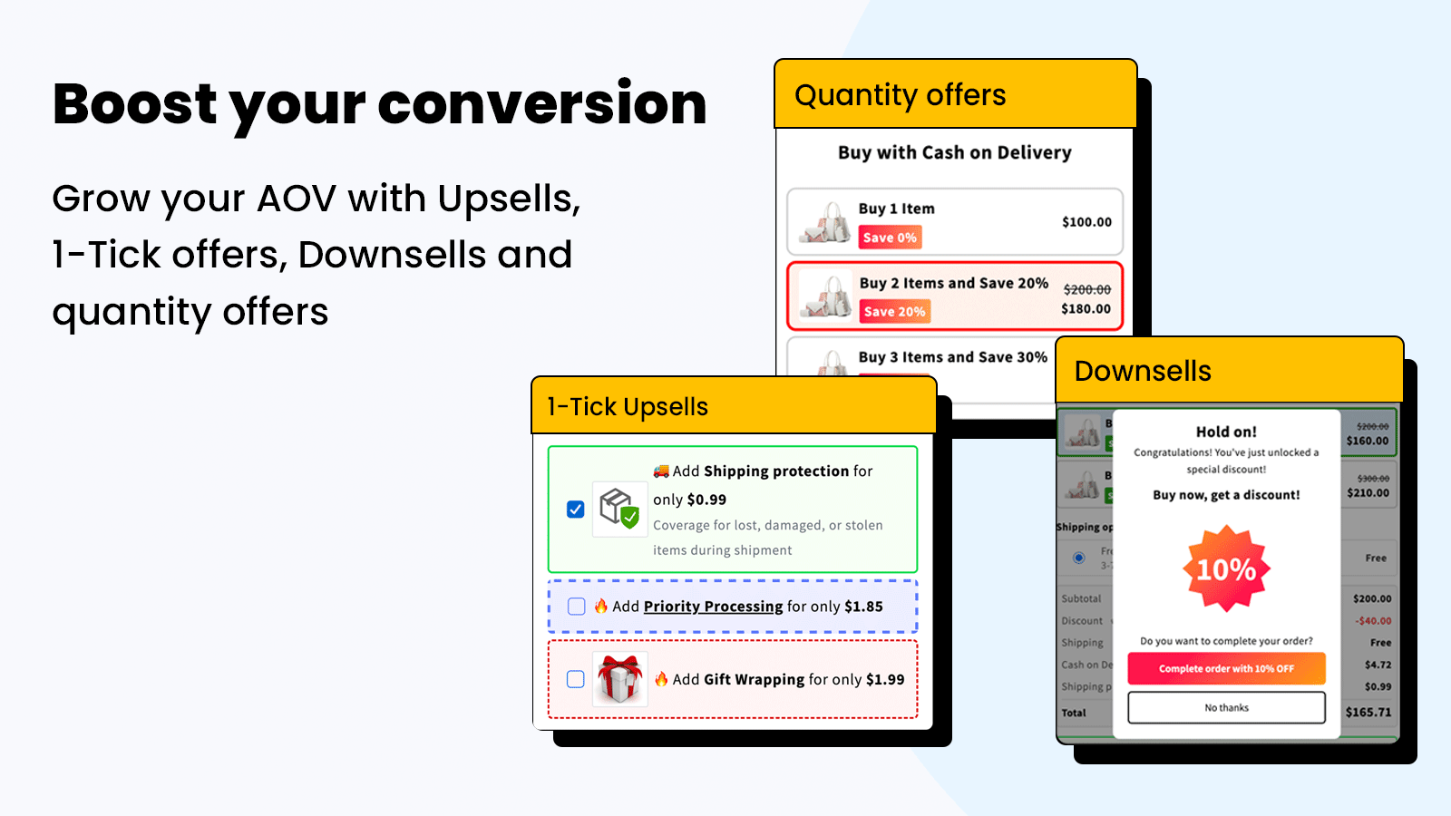 Grow AOV with Upsells, quantity offers, downsells, 1-tick upsell