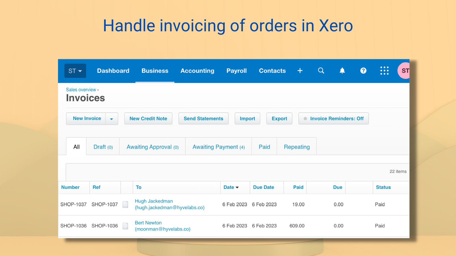 Handle invoicing of orders in Xero