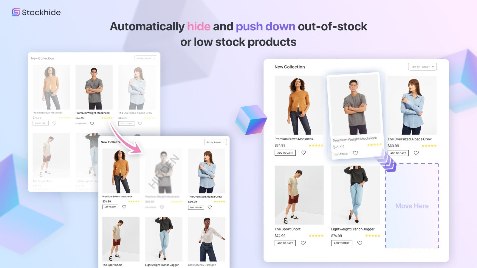 Hide, tag, redirect, push down out-of-stock & low stock products