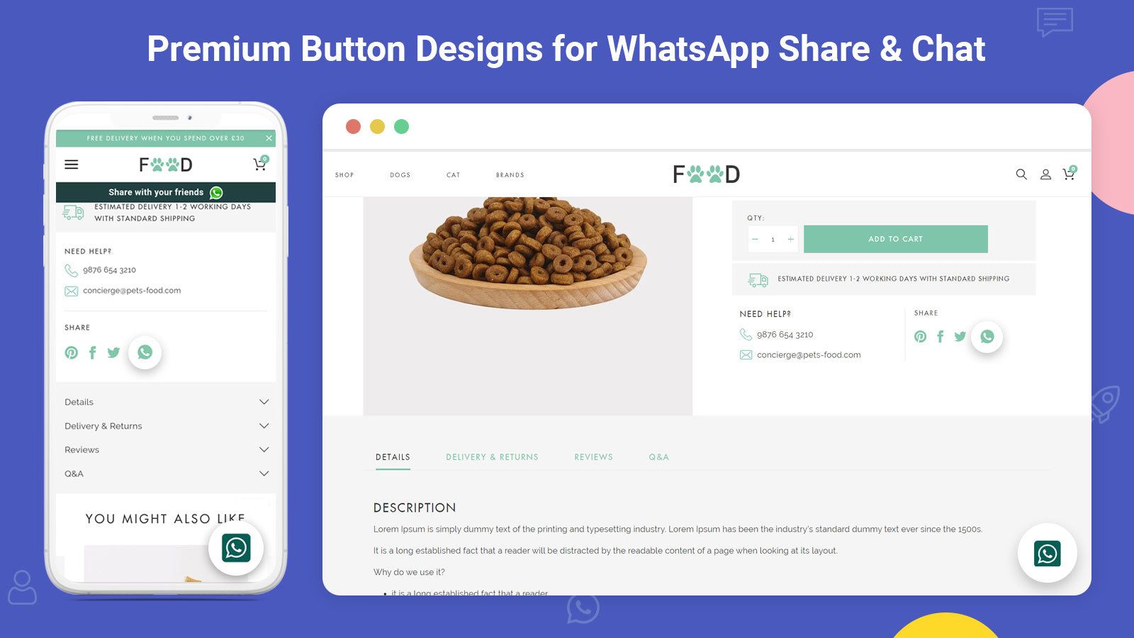 how whatsapp chat and share buttons looks on storefront & mobile