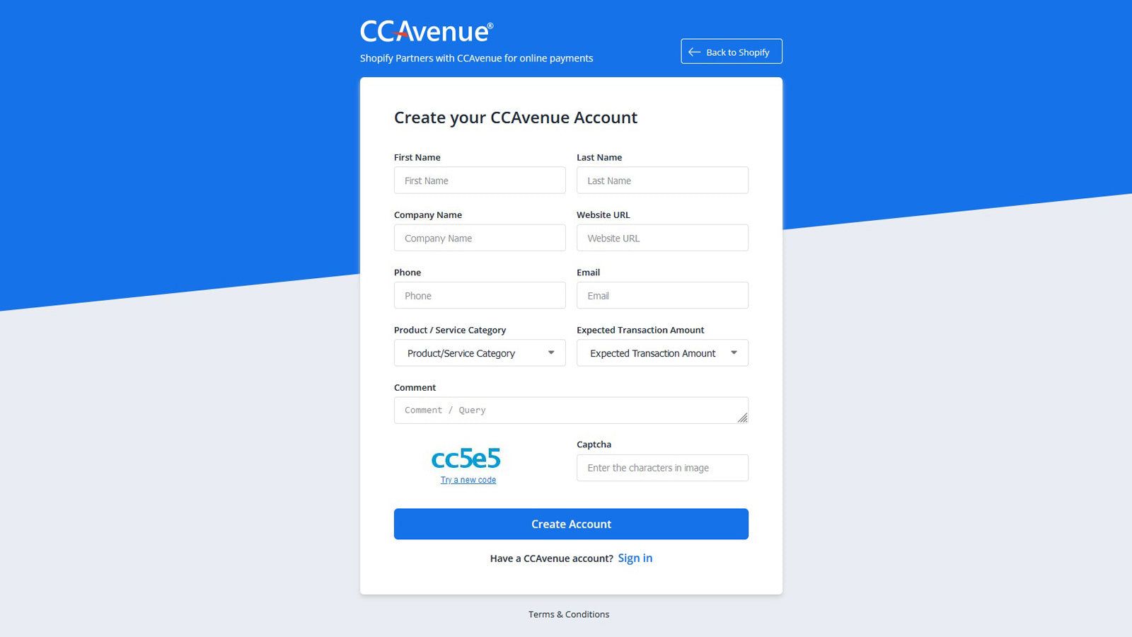 If you are not signed up with CCAvenue, you can use the sign up.