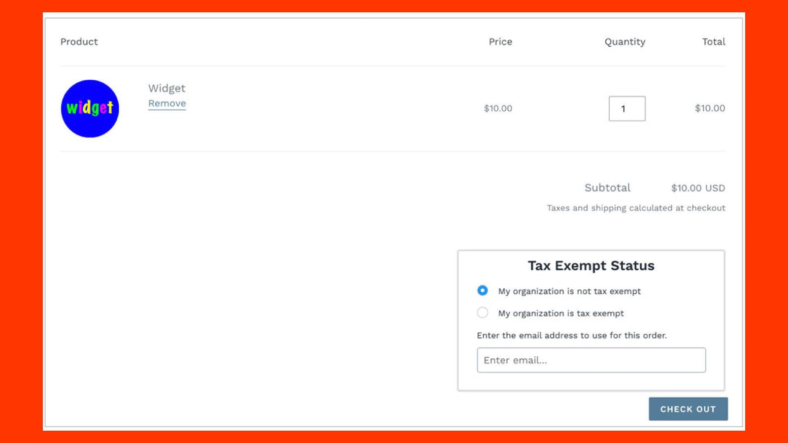 Illustration of Cart page with Tax Exempt Status widget