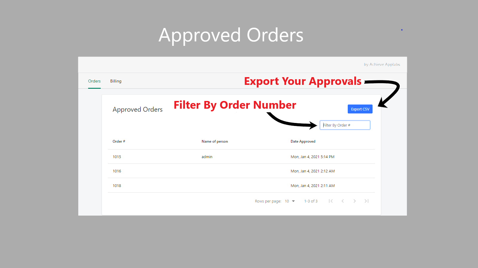 image of approved orders datatable