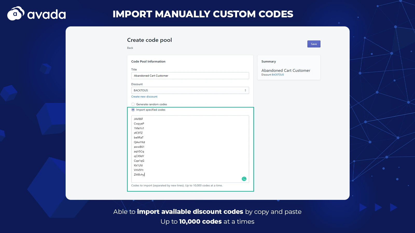 Import custom codes in bulk