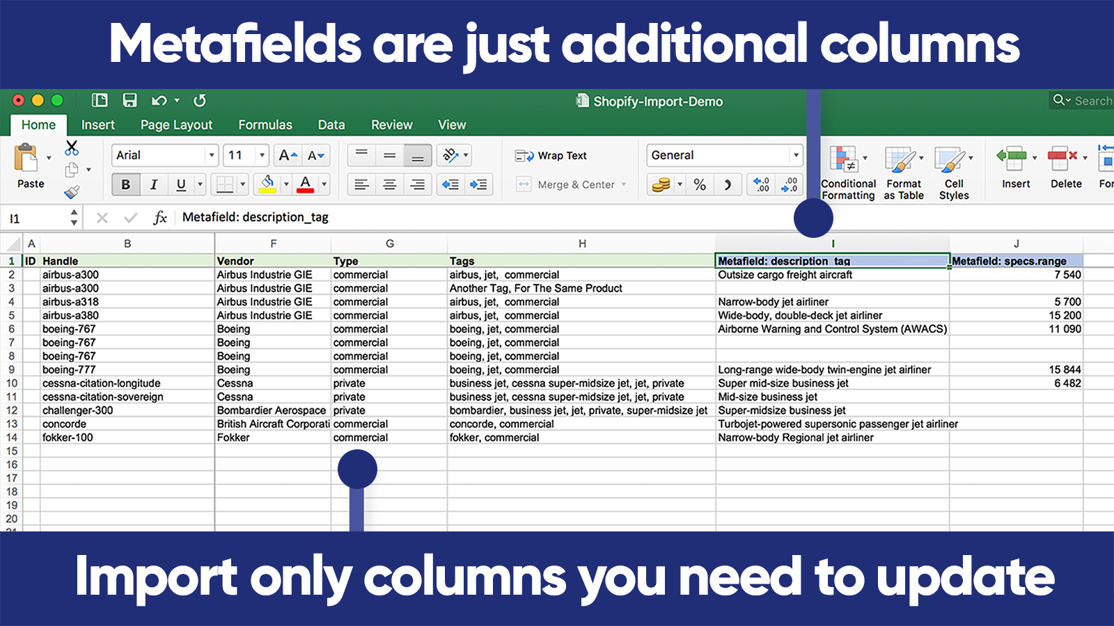 Import only columns you need to update. Metafields are columns.