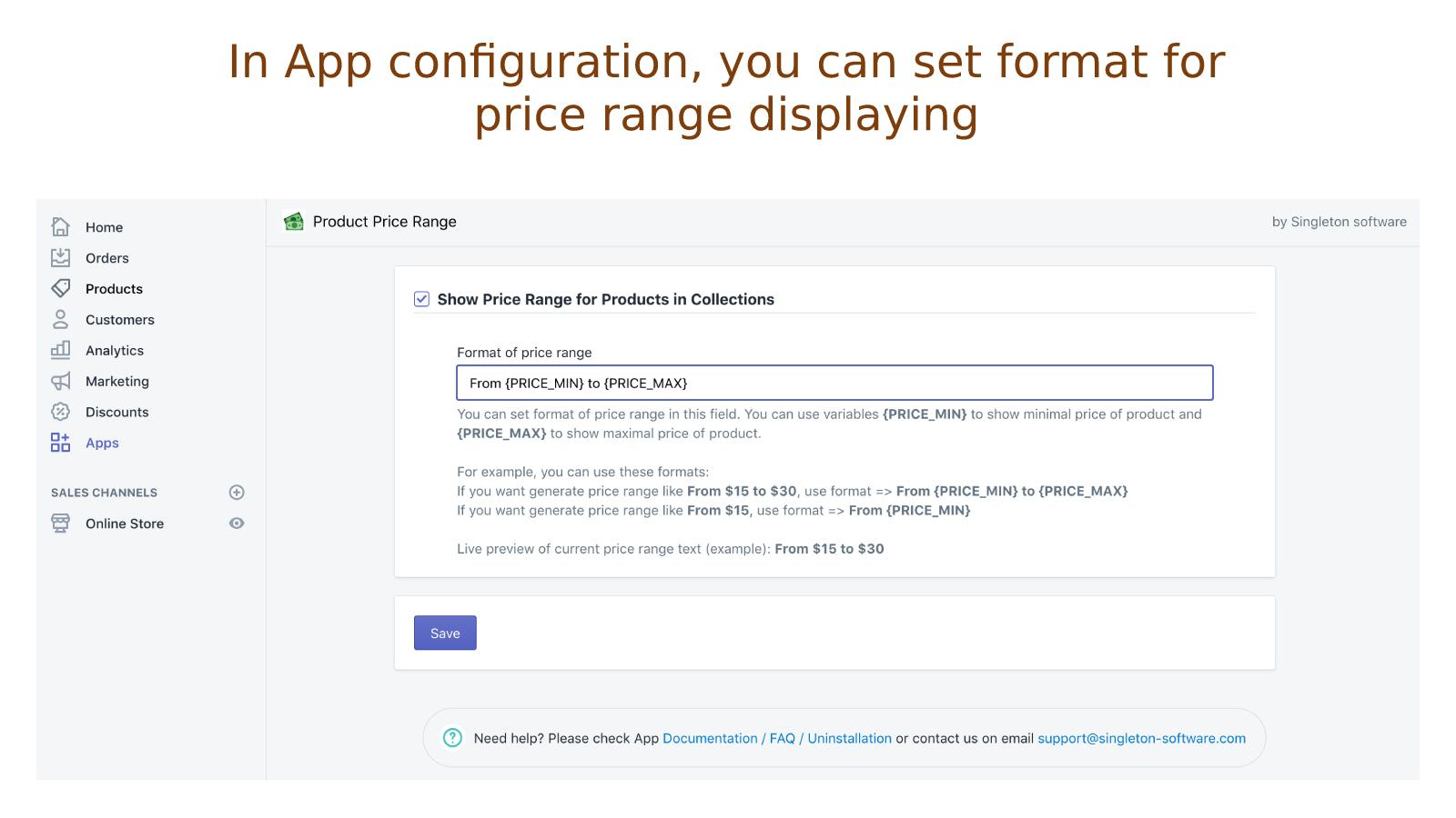 In App configuration, you can set format for price range display