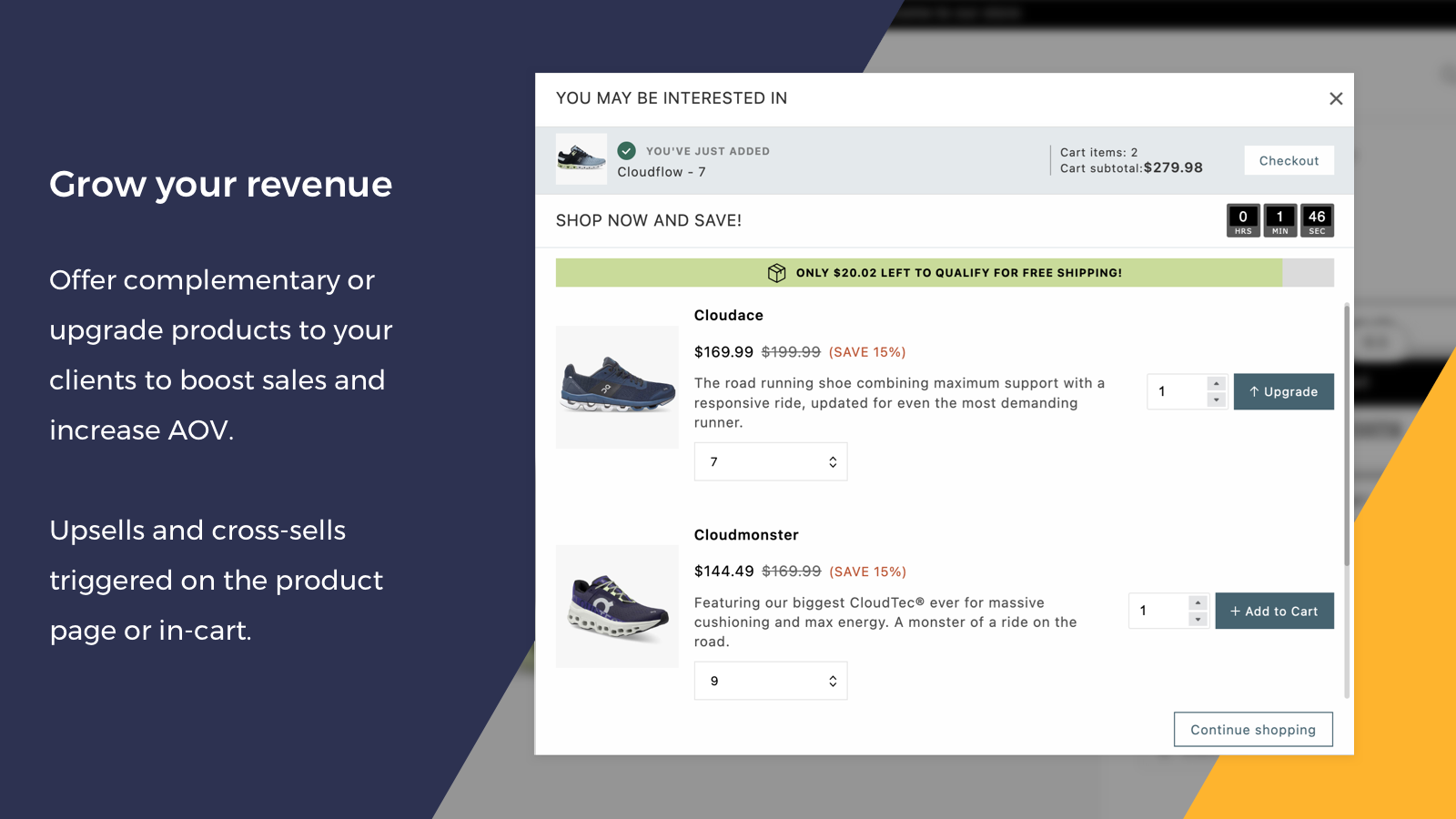 In-cart, product page upsell & cross-sell popup. Upsell bundles.