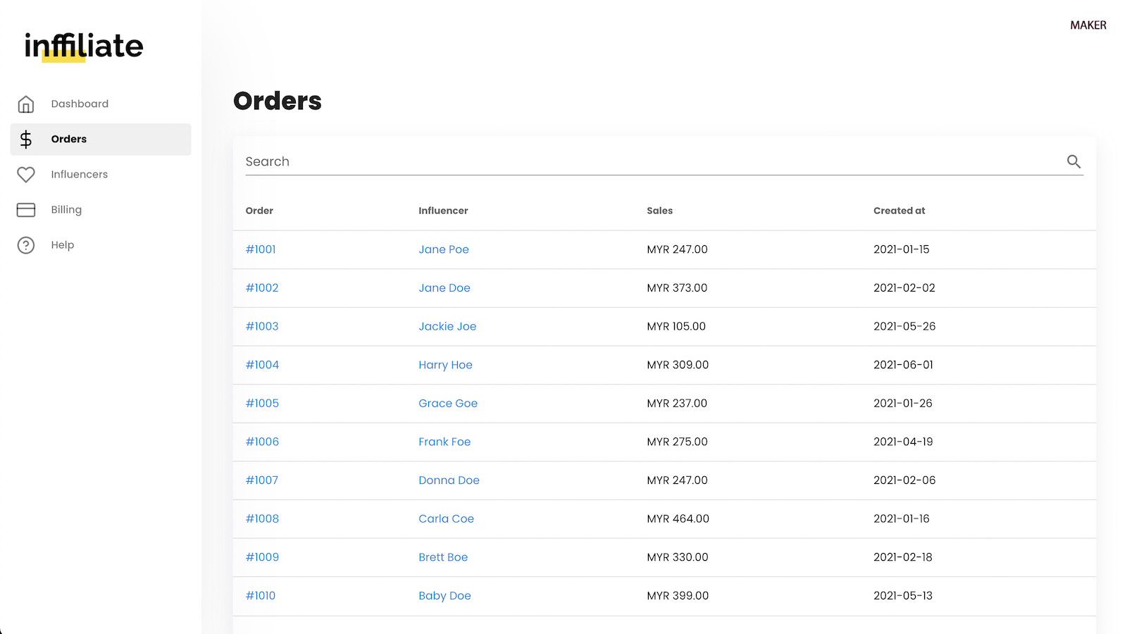 Inffiliate orders listing page