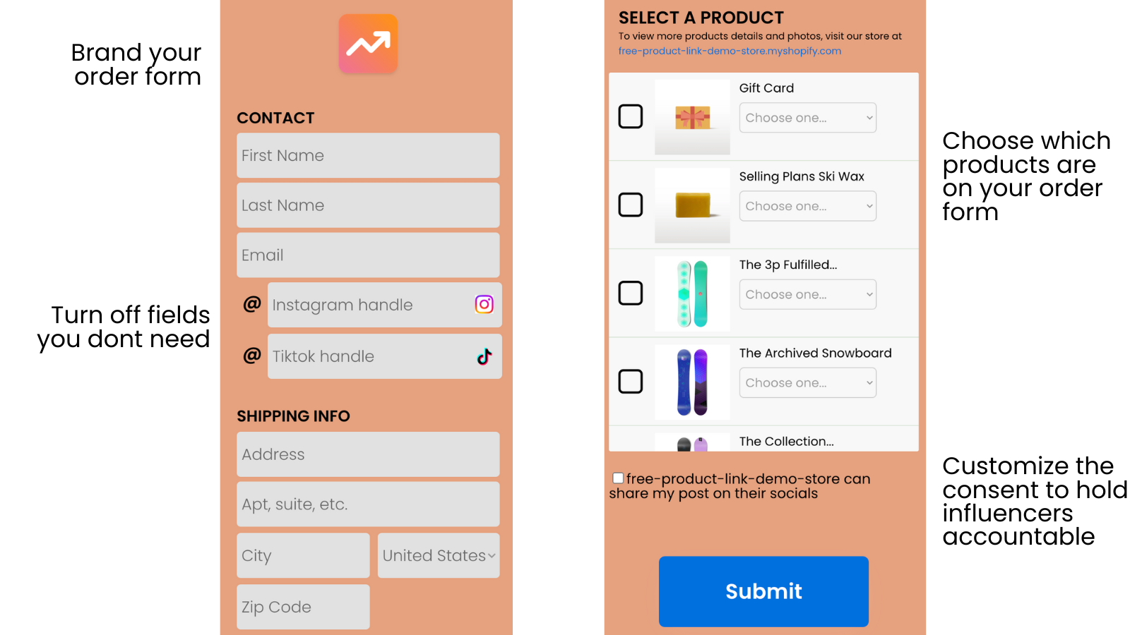Influencer open a quick link to choose a product from your store