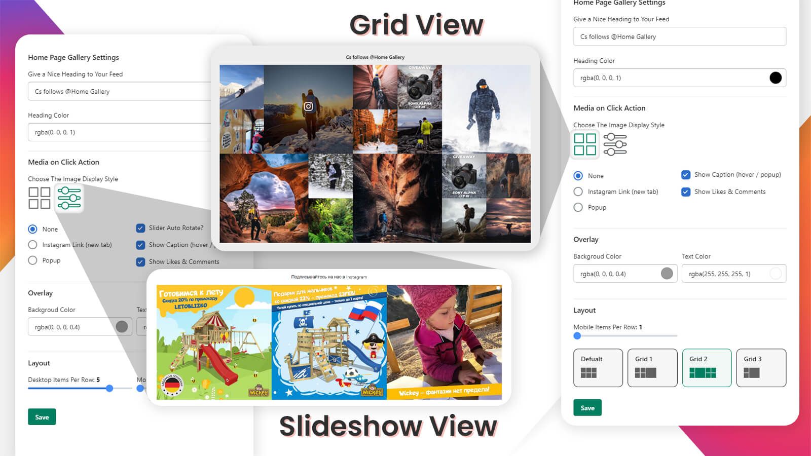 Instagram feed layout Grid and slider